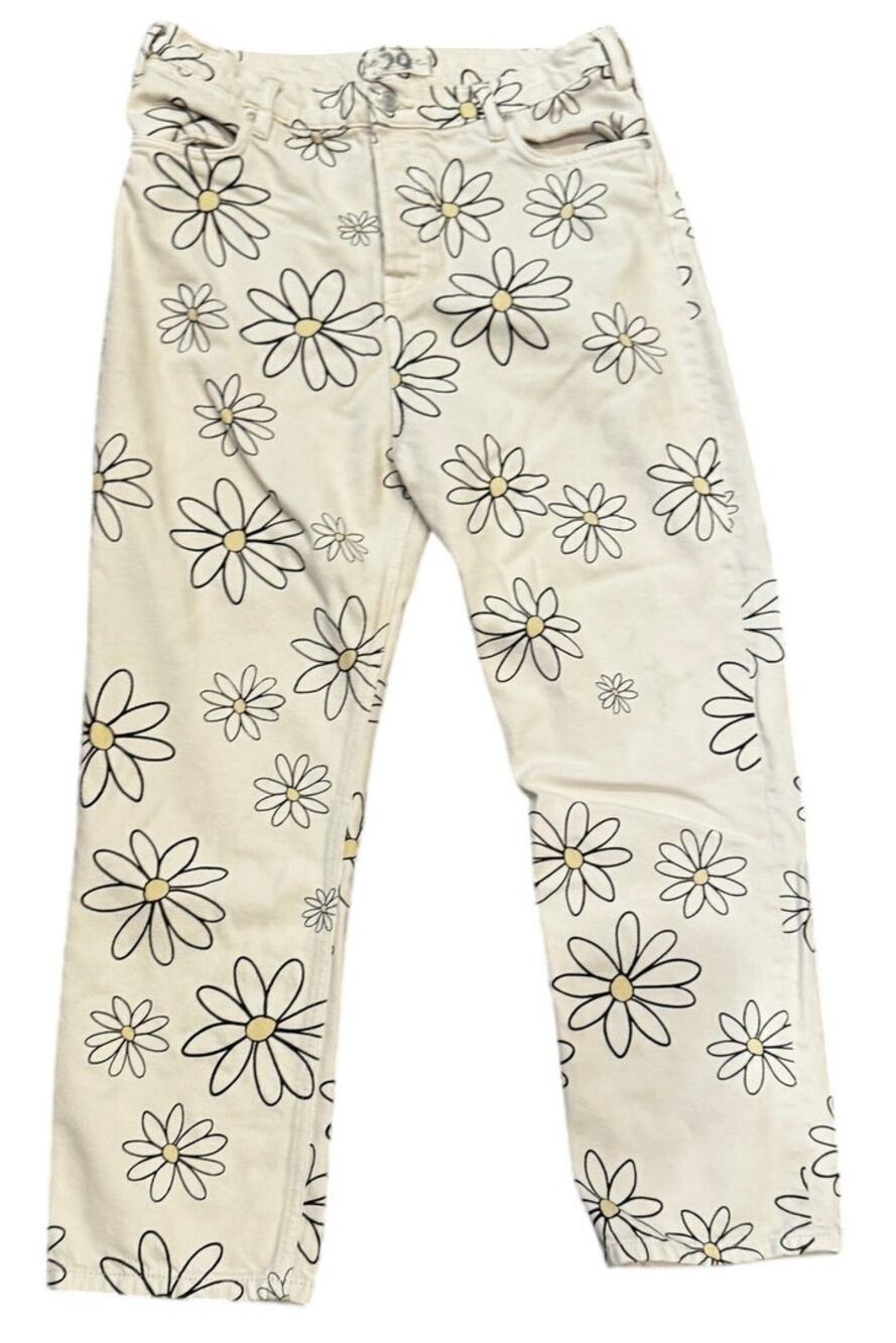 Free People Daisy Wren Jeans Cream Floral Print Slouchy Straight Leg Size 29